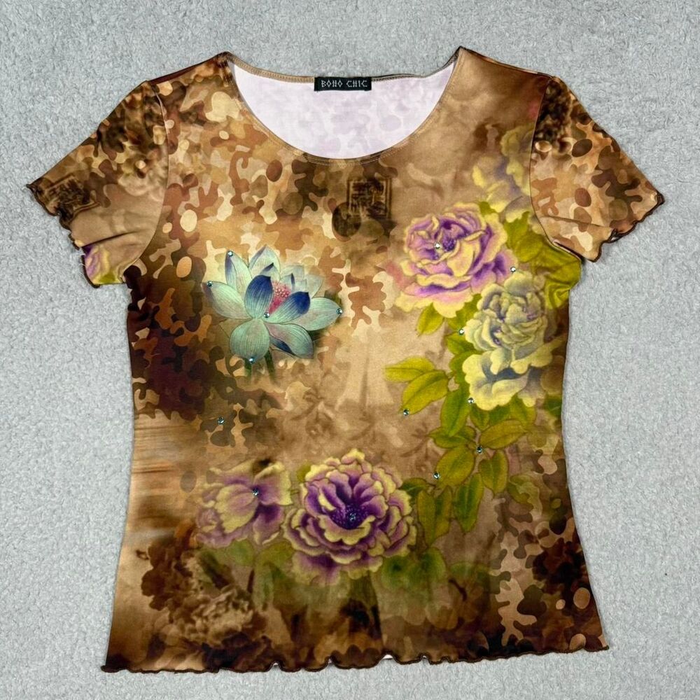 Vintage y2k Boho Chic rhinestoned flower print top